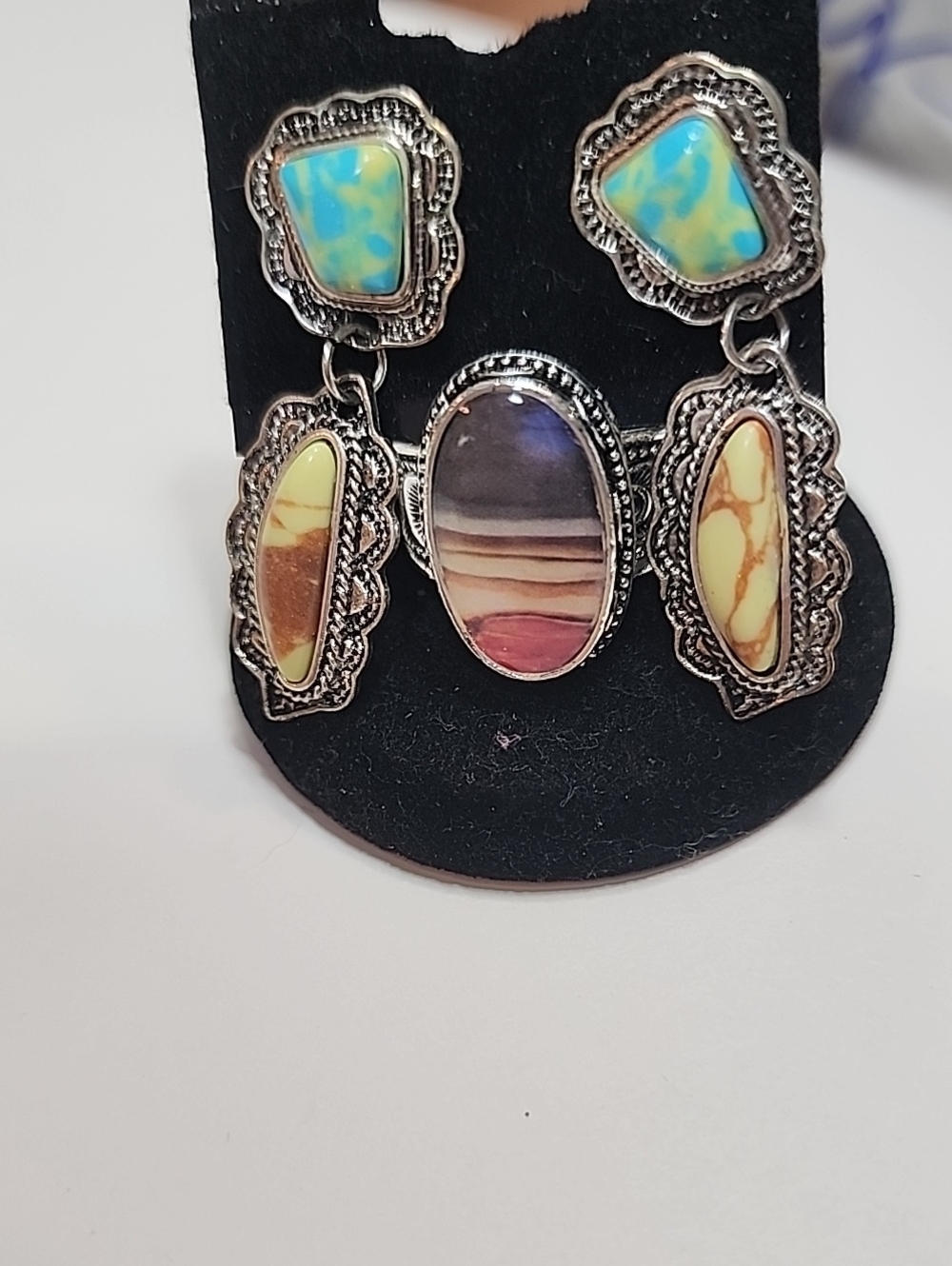 Multicolor Stone Drop Earrings — Silver-Tone with Blue, Cream & Pink Accents